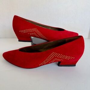 Prevata Italian Red Suede Low Heel Pumps Gold Stud Accents Holiday Shoes